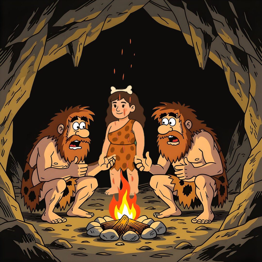 Example of Cavemen and Woman, in a cave sitting in front of an open fire.