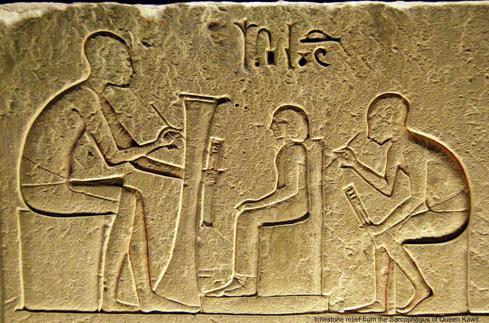 Image from the Limstone relief Sarcophagus of Queen Kawit. Housed in The Egyptian Museum in Cairo.