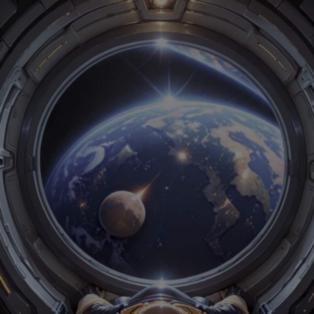 Planet Earth seen through a porthole window in a spaceship.