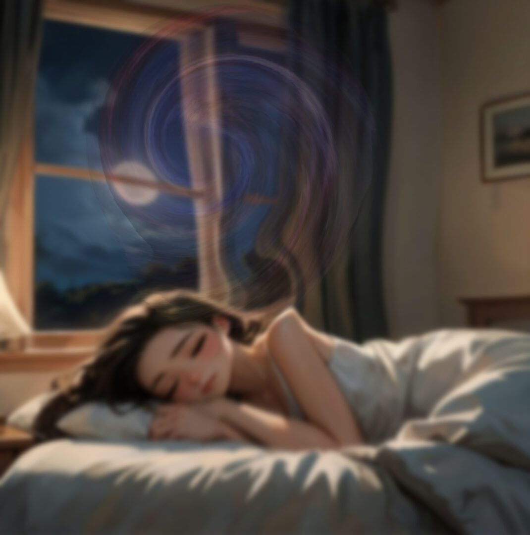 A peaceful sleeping person with swirling colors representing dreams.