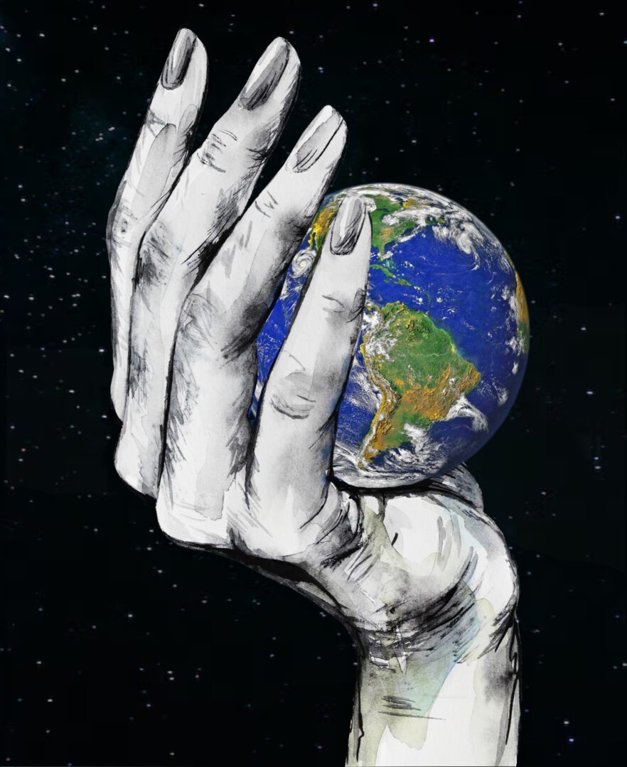 Hand holding Planet Earth in a death grip.